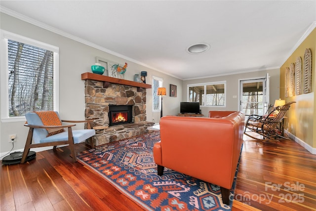 164 Waldsi Ct, Brevard, NC 28712 - living area featuring hardwood / wood-style flooring, crown molding, and a stone fireplace