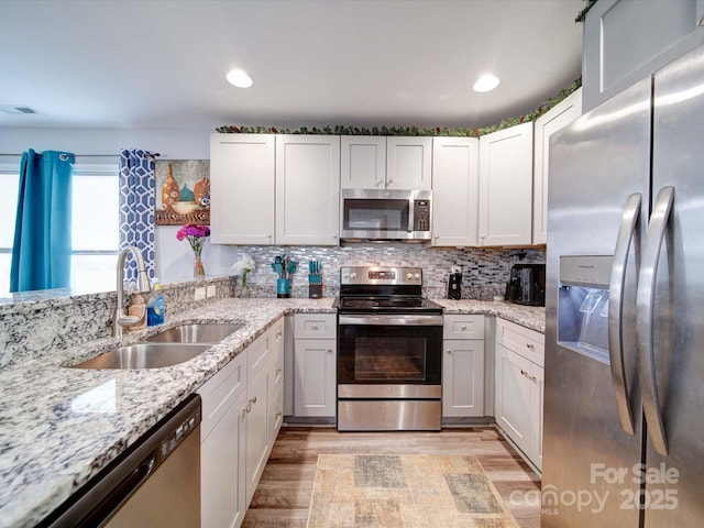 kitchen with light wood finished floors, white cabinets, appliances with stainless steel finishes, a sink, and backsplash