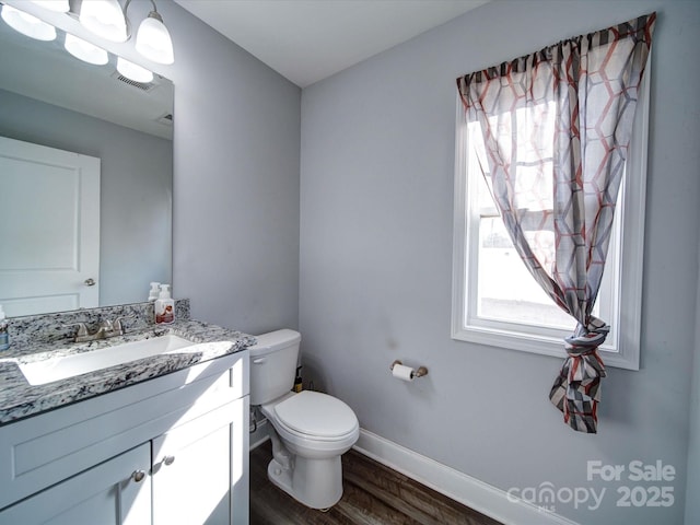 bathroom with baseboards, wood finished floors, a wealth of natural light, and vanity