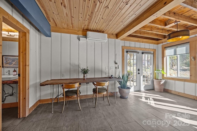 sunroom / solarium featuring wood ceiling, beam ceiling, an AC wall unit, french doors, and a sink