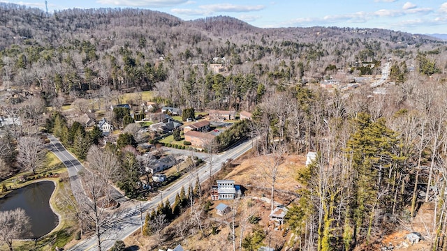 aerial view with a forest view and a water and mountain view