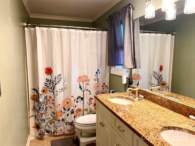 full bathroom with toilet, ornamental molding, and a sink