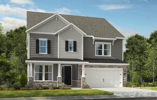 craftsman-style house featuring an attached garage, stone siding, and concrete driveway