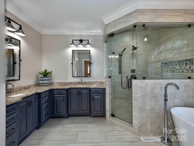 bathroom featuring double vanity, ornamental molding, a sink, and a shower stall