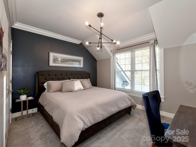 bedroom with light carpet, baseboards, ornamental molding, and a notable chandelier