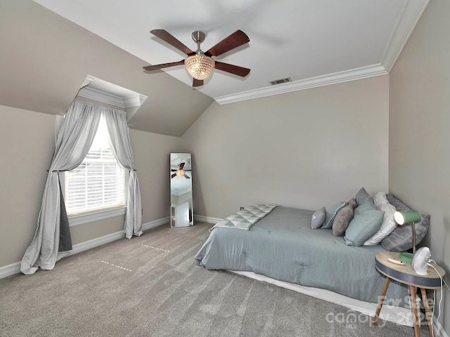 bedroom featuring ornamental molding, light colored carpet, visible vents, and baseboards