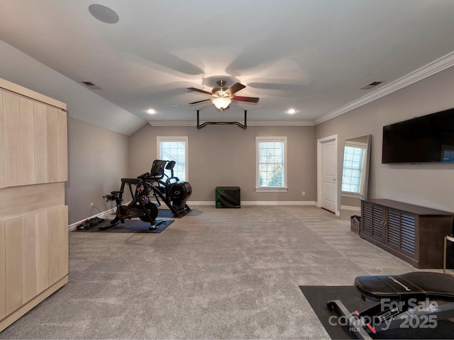 exercise room featuring crown molding, baseboards, visible vents, and light colored carpet