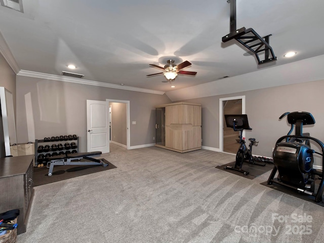 exercise room with light carpet, ornamental molding, and visible vents