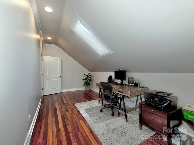 office with lofted ceiling, dark wood-style flooring, baseboards, and recessed lighting