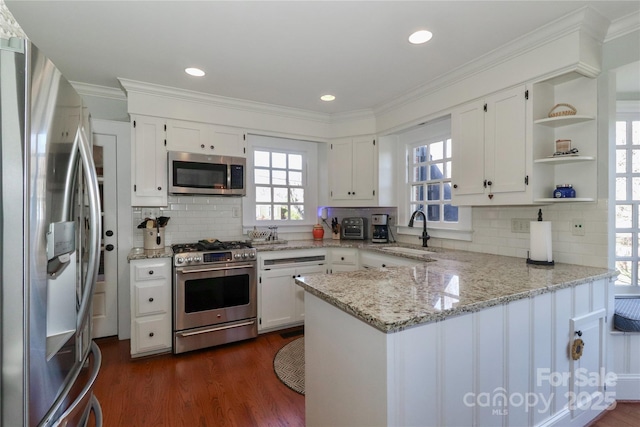 kitchen featuring dark wood-style flooring, crown molding, appliances with stainless steel finishes, a sink, and a peninsula