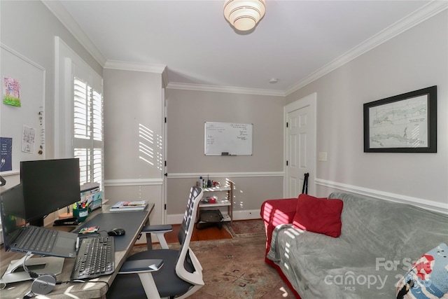 office area with wood finished floors and crown molding