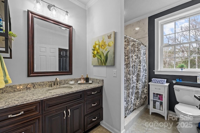 full bath with plenty of natural light, vanity, toilet, and crown molding