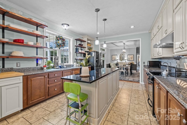 kitchen with open shelves, black range with electric cooktop, stainless steel fridge with ice dispenser, under cabinet range hood, and a sink