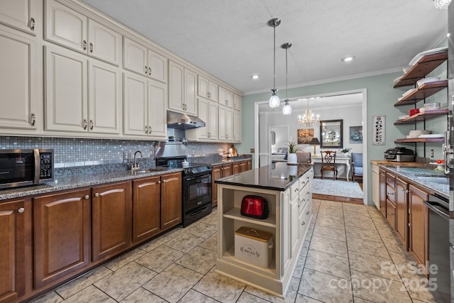 kitchen with tasteful backsplash, stainless steel microwave, black range with electric stovetop, under cabinet range hood, and open shelves