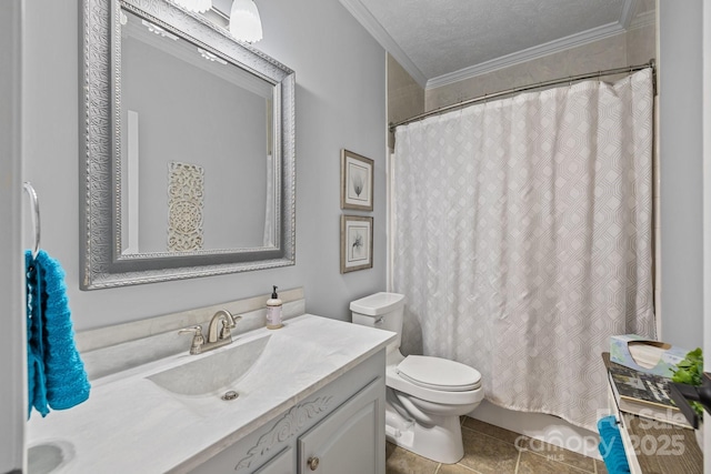 bathroom with vanity, a textured ceiling, crown molding, toilet, and tile patterned floors