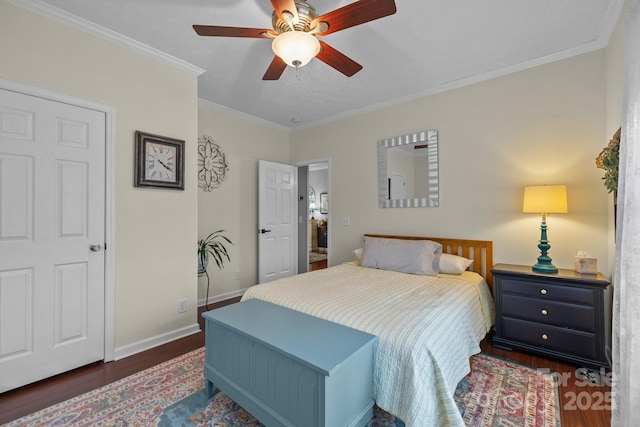 bedroom featuring ceiling fan, baseboards, wood finished floors, and ornamental molding