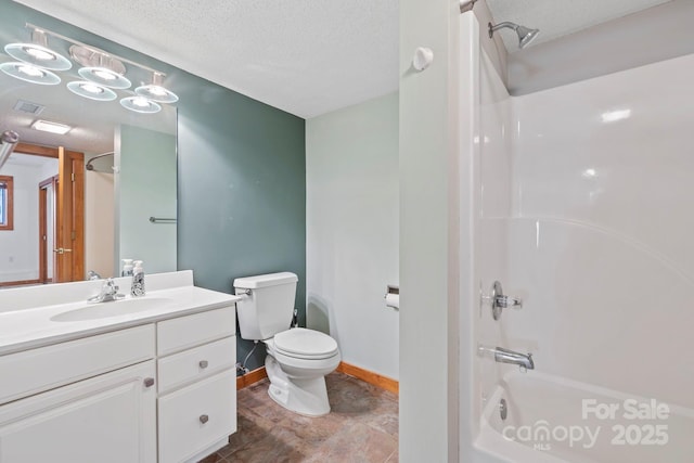 bathroom featuring shower / washtub combination, visible vents, toilet, a textured ceiling, and vanity