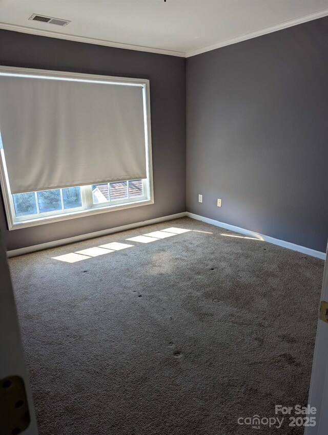 unfurnished room featuring carpet, visible vents, crown molding, and baseboards