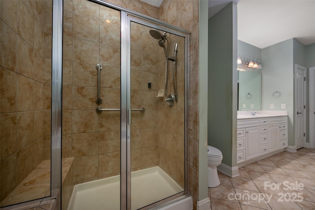 bathroom featuring tile patterned floors, a shower stall, vanity, and toilet