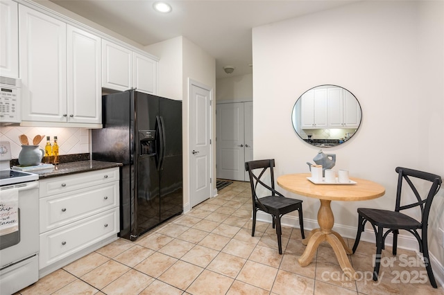 kitchen with recessed lighting, light tile patterned floors, white cabinetry, backsplash, and white appliances