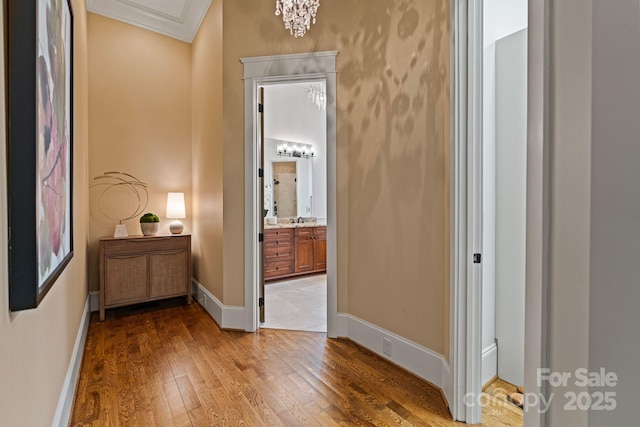 hall with wood finished floors, baseboards, and ornamental molding