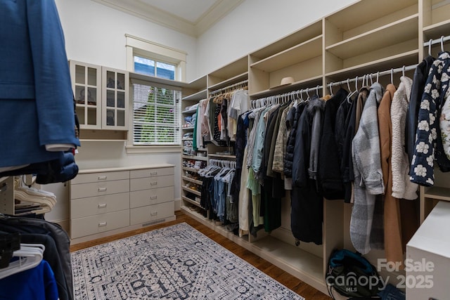 walk in closet with wood finished floors