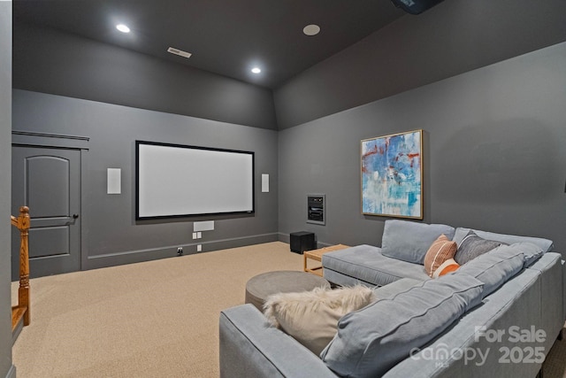 cinema room featuring recessed lighting, baseboards, and carpet