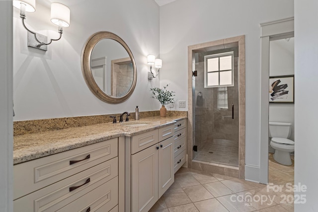 bathroom featuring vanity, a shower stall, toilet, and tile patterned floors