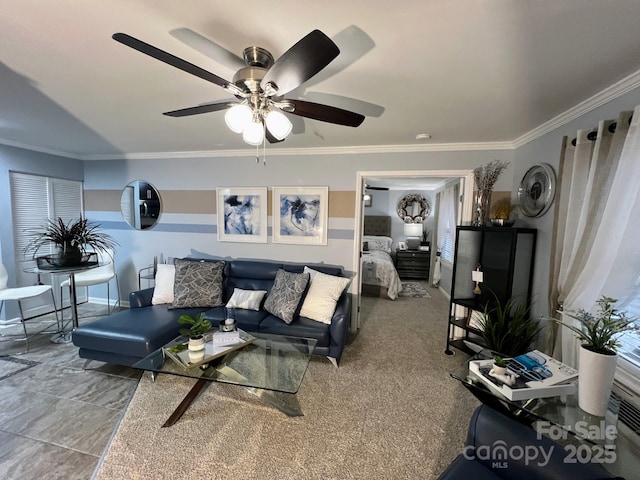 living area featuring crown molding