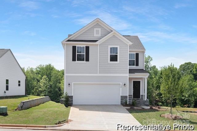 view of front of house with a garage, stone siding, driveway, roof with shingles, and a front yard