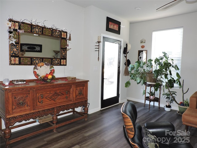 foyer with dark wood finished floors and baseboards