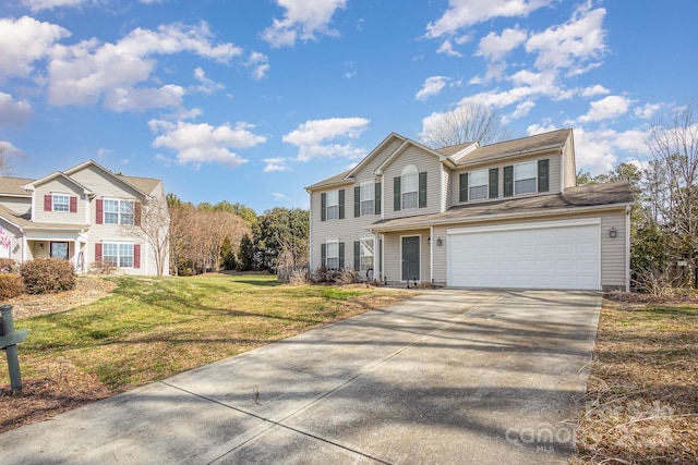 view of front of property featuring concrete driveway, a front lawn, and an attached garage