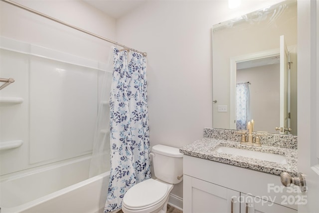 full bath featuring toilet, shower / tub combo, and vanity