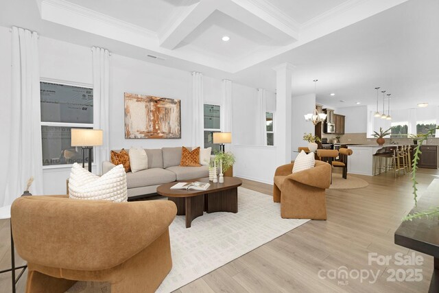 25966 Appleyard Ct Unit 1205, Lancaster, SC 29720 - living room with light wood finished floors, ornamental molding, coffered ceiling, recessed lighting, and a chandelier