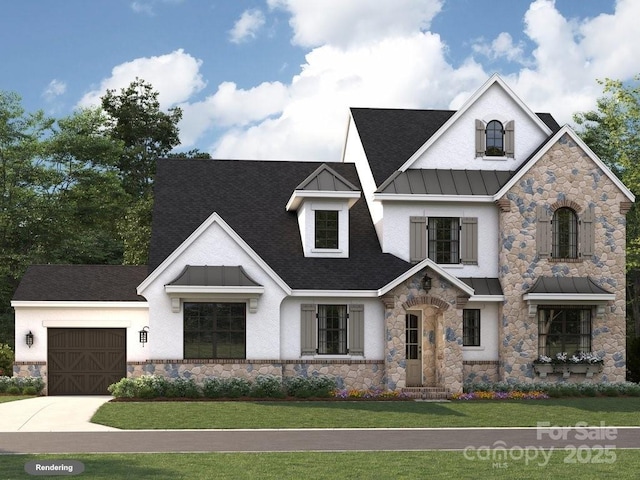 19419 Youngblood Rd W Unit 2, Charlotte, NC 28278 - view of front of home featuring stone siding, a standing seam roof, a garage, and a front yard