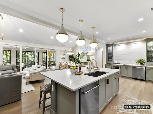 19419 Youngblood Rd W Unit 2, Charlotte, NC 28278 - kitchen featuring a sink, gray cabinets, a kitchen island with sink, dishwasher, and open floor plan
