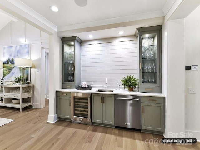 19419 Youngblood Rd W Unit 2, Charlotte, NC 28278 - bar featuring a sink, light wood-type flooring, stainless steel dishwasher, wet bar, and wine cooler