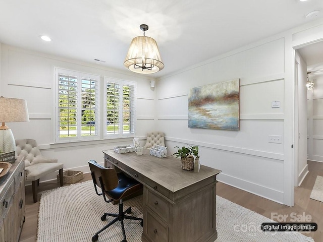 19419 Youngblood Rd W Unit 2, Charlotte, NC 28278 - office with a chandelier, wood finished floors, baseboards, and visible vents