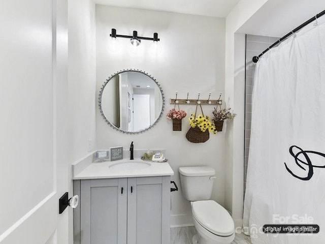 19419 Youngblood Rd W Unit 2, Charlotte, NC 28278 - bathroom featuring toilet, curtained shower, marble finish floor, and vanity
