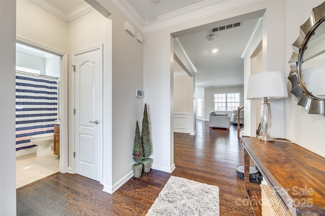 corridor with baseboards, visible vents, dark wood finished floors, wainscoting, and ornamental molding