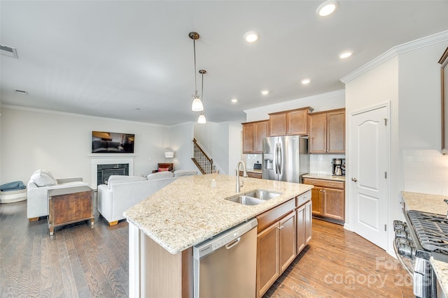 kitchen with appliances with stainless steel finishes, a glass covered fireplace, a sink, and wood finished floors