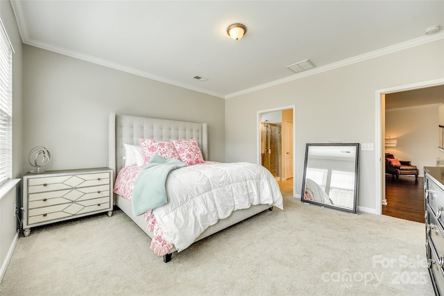 bedroom with carpet floors, baseboards, visible vents, and crown molding