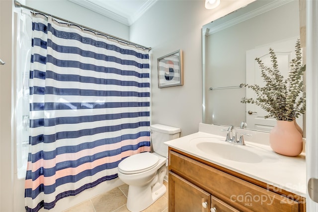 full bath featuring tile patterned flooring, toilet, a shower with shower curtain, vanity, and crown molding