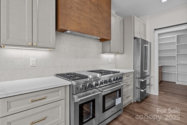 kitchen with white cabinets, decorative backsplash, high end appliances, dark wood-type flooring, and custom exhaust hood