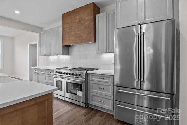 kitchen featuring gray cabinets, tasteful backsplash, high quality appliances, and light countertops