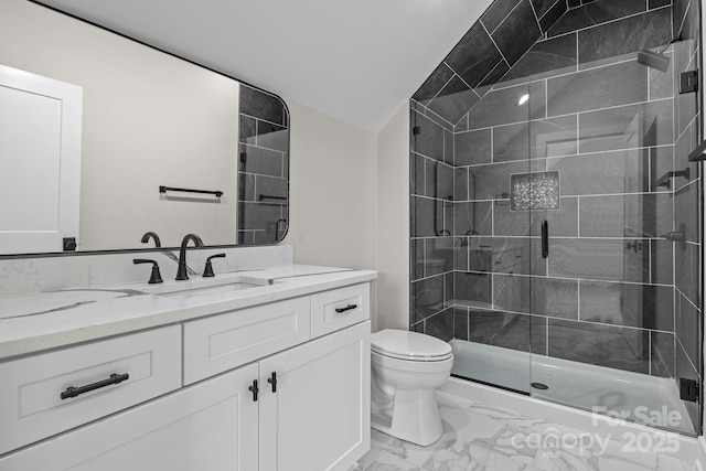 bathroom featuring toilet, vanity, vaulted ceiling, marble finish floor, and a shower stall