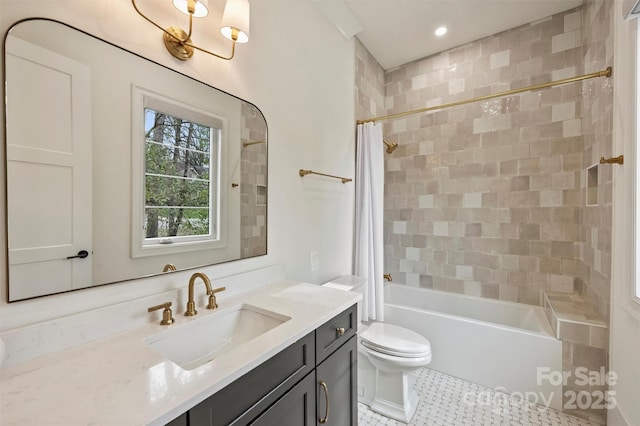 full bath featuring recessed lighting, vanity, toilet, and shower / tub combo with curtain