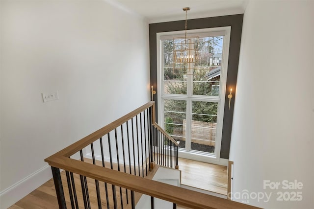 staircase with baseboards, a chandelier, and wood finished floors