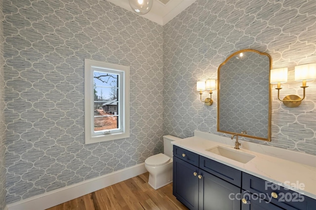 bathroom featuring vanity, wood finished floors, toilet, and baseboards