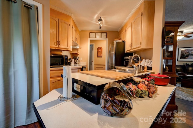 kitchen with a sink, light brown cabinetry, light countertops, and freestanding refrigerator